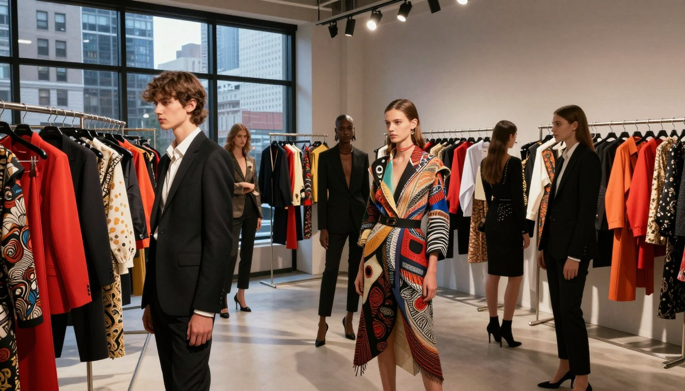 Models and designers presenting diverse fashion collections in New York showroom