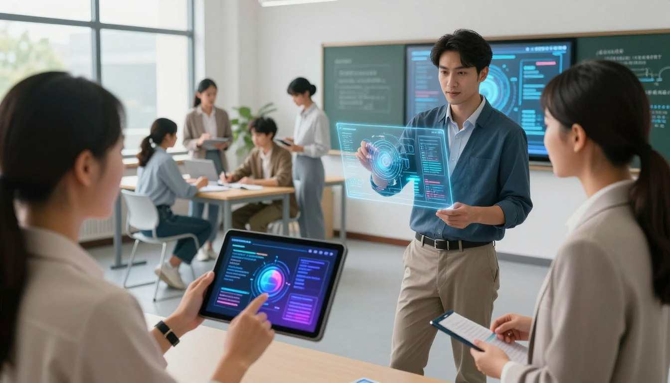 Teacher using holographic AI interface to demonstrate technology to school staff