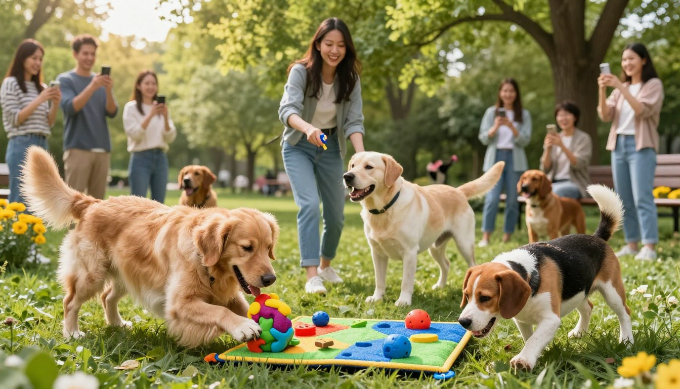 Dogs playing with enrichment puzzle mat in park while group of people film on smartphones