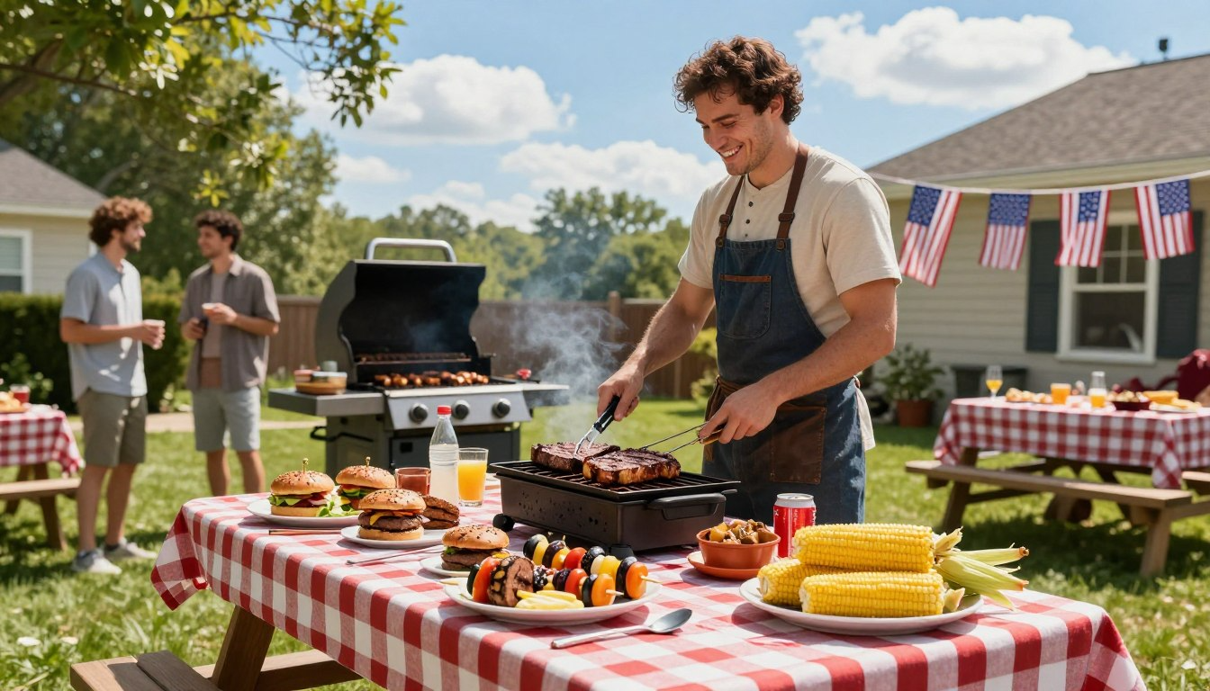 Man grilling Memorial Day BBQ burgers corn and skewers in American backyard