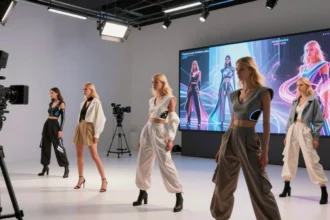 Fashion models in futuristic outfits in AI video production studio with Hypernatural AI screen display