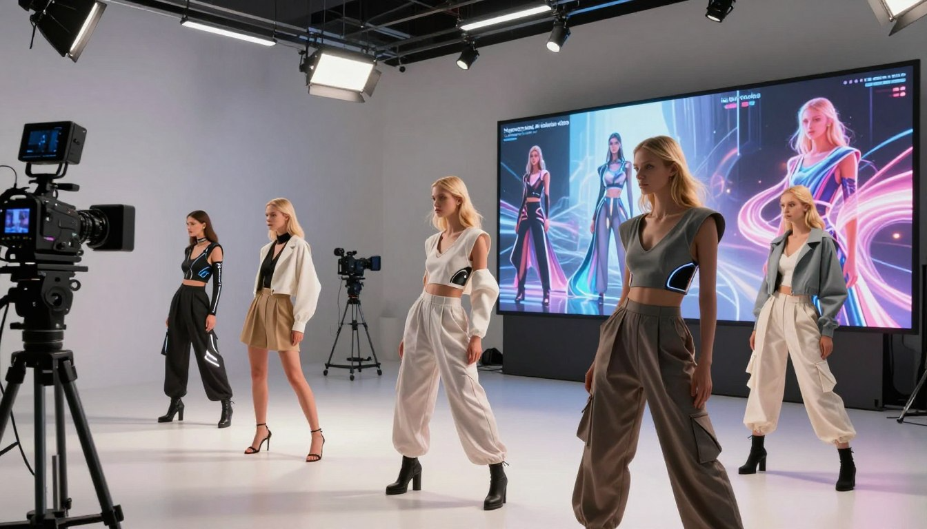 Fashion models in futuristic outfits in AI video production studio with Hypernatural AI screen display
