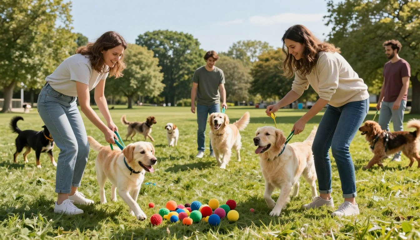 Two women playing enrichment games with golden retrievers in sunny park with colorful balls