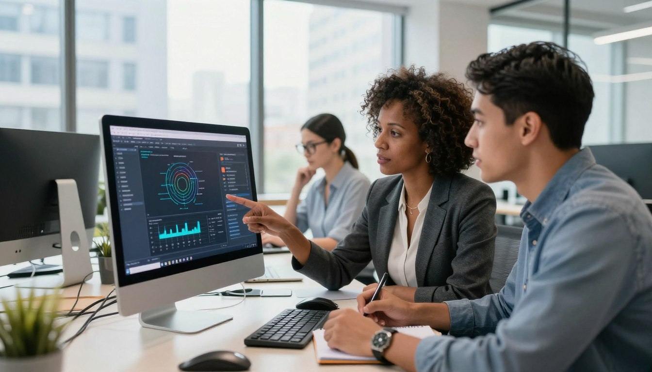 Two professionals analyzing AI data visualization on desktop computer