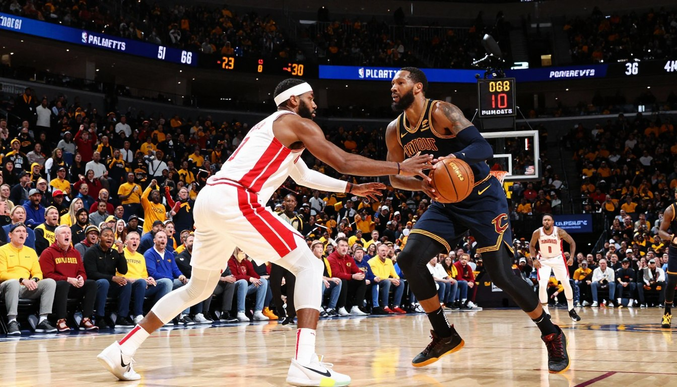 Detroit Pistons player posting up against Cleveland Cavaliers defender in NBA playoff game