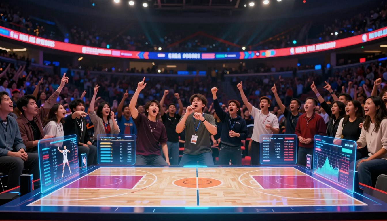 NBA fans reacting to AI data analytics displayed on holographic screens courtside