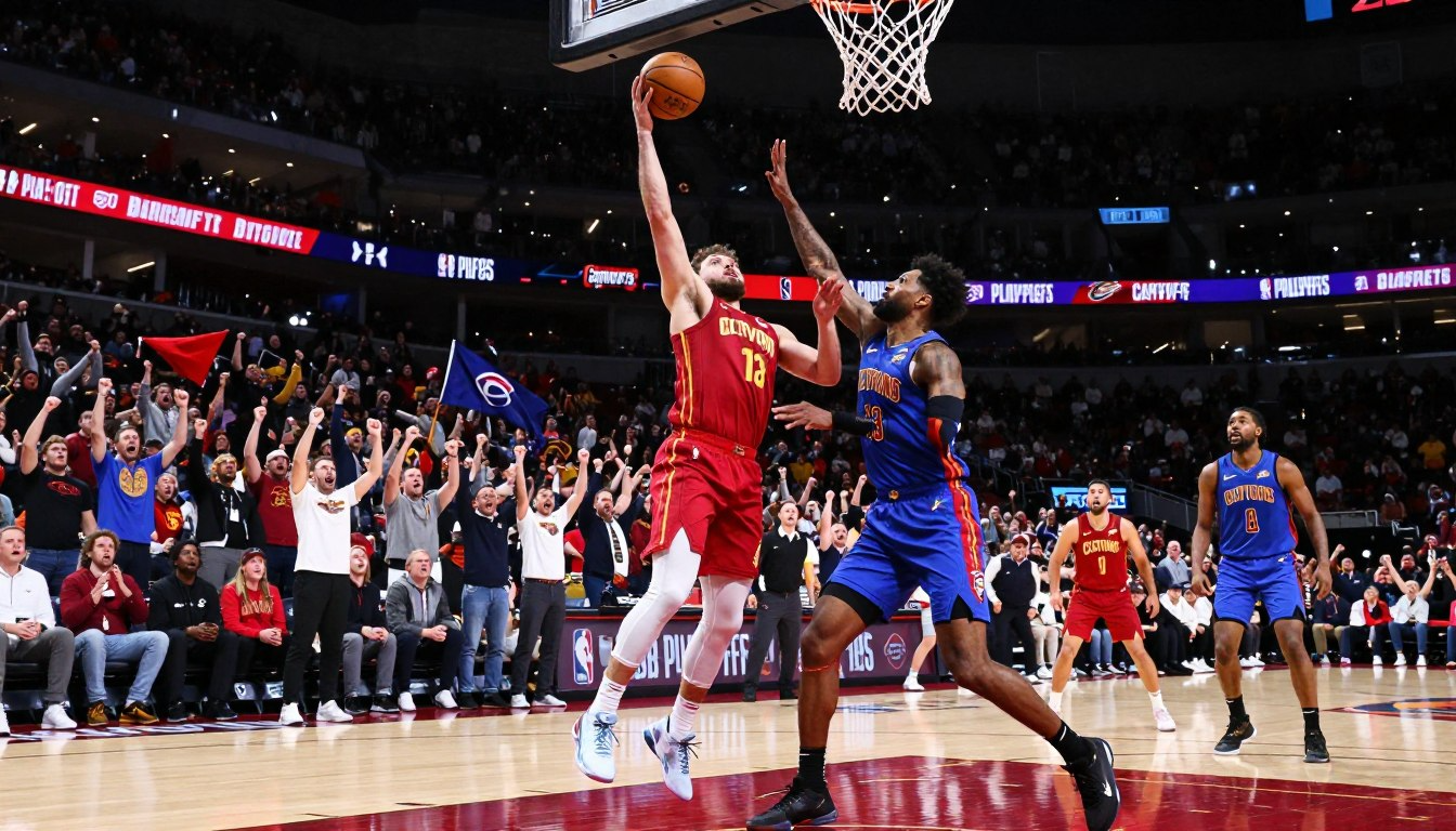 Cleveland Cavaliers player scoring layup against Detroit Pistons in NBA playoffs