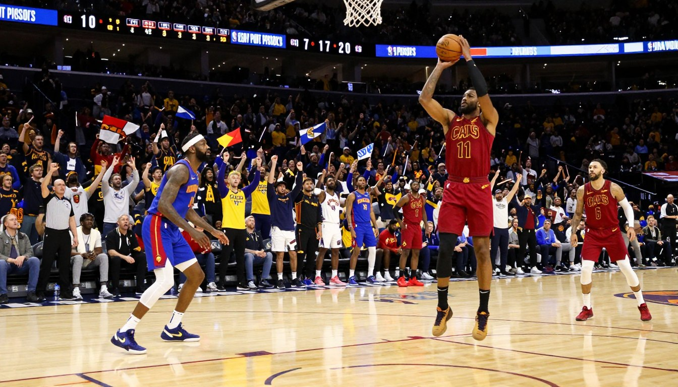 Cleveland Cavaliers player shooting jump shot against Detroit Pistons in NBA playoffs 2026