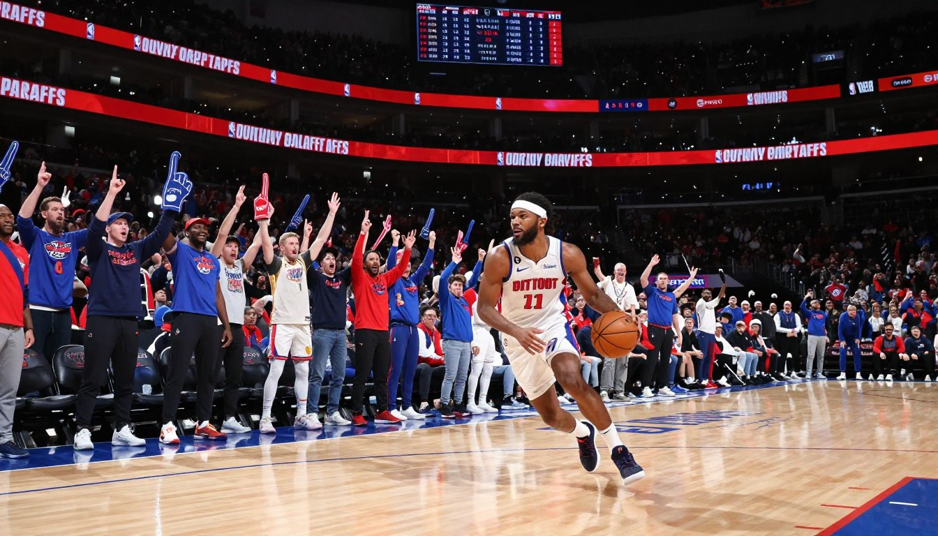 Detroit Pistons player driving with ball as home crowd cheers at Little Caesars Arena