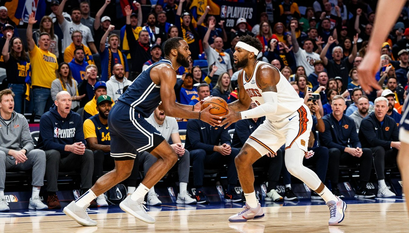 Two NBA players battling for position during intense playoff game
