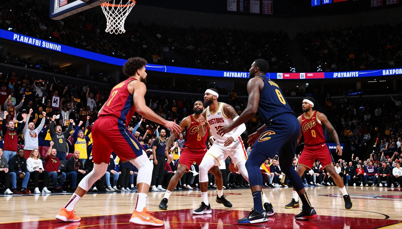Detroit Pistons player surrounded by Cleveland Cavaliers defenders in NBA playoff action