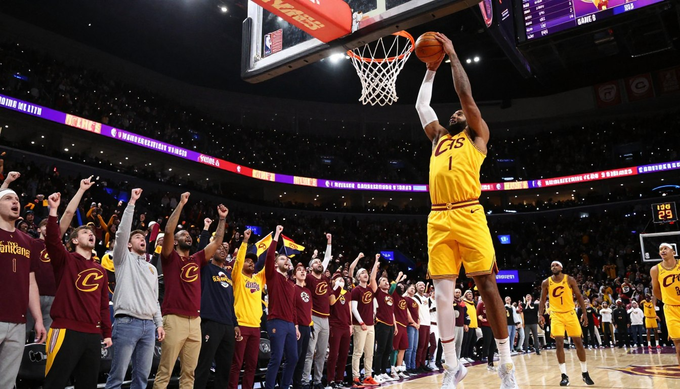 Cleveland Cavaliers player dunking in Game 6 as fans celebrate at arena