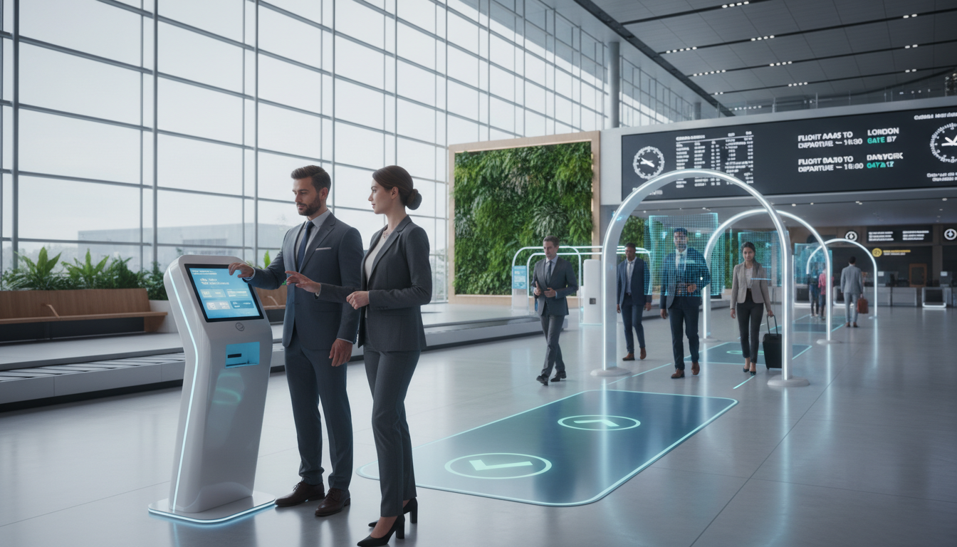AI biometric security and seamless check-in at a modern airport terminal in 2026