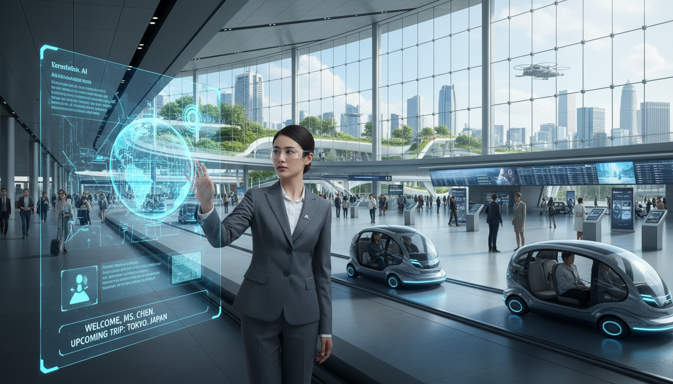 AI-powered travel assistant at a futuristic airport terminal in 2026