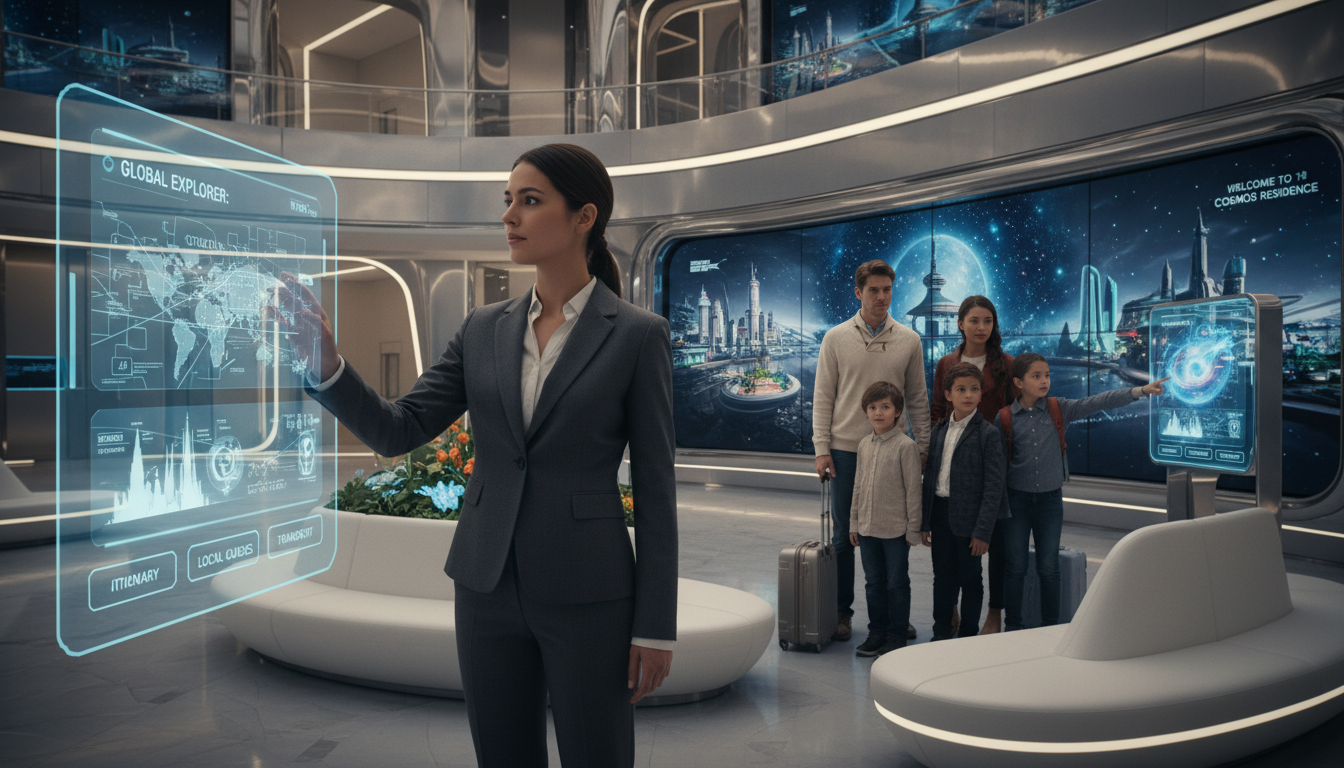 AI virtual concierge assisting a family with personalized travel itinerary at a smart hotel in 2026