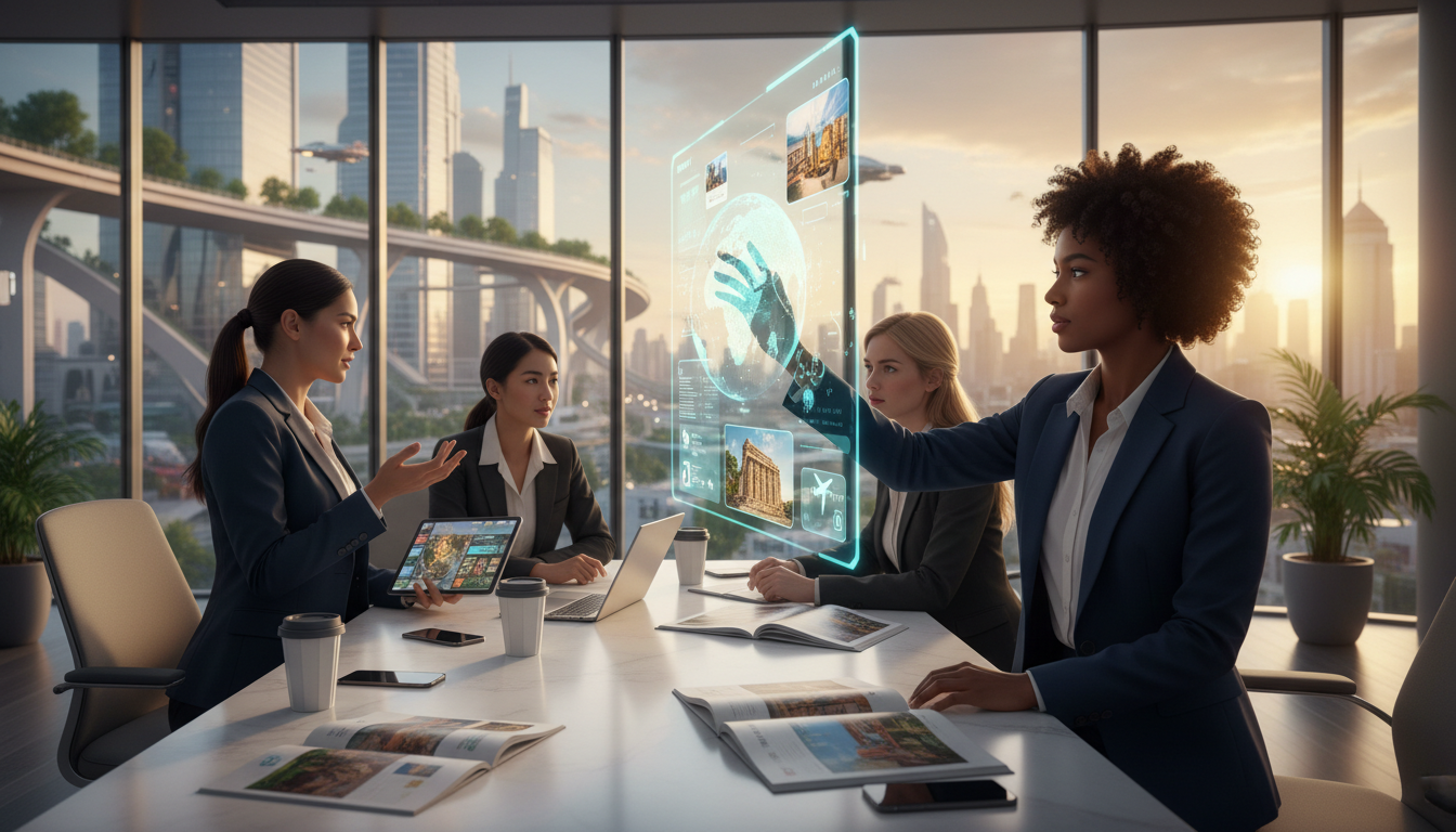 Diverse women travel professionals planning trips using AI holographic travel technology in 2026