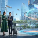 Three women travelers using AI travel technology in a smart futuristic city in 2026