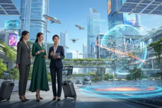 Three women travelers using AI travel technology in a smart futuristic city in 2026