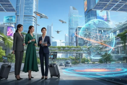 Three women travelers using AI travel technology in a smart futuristic city in 2026