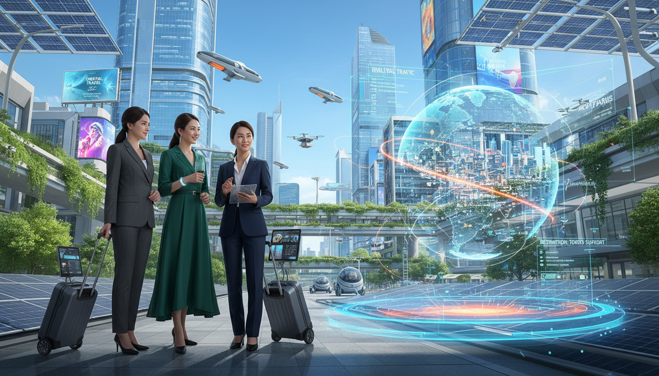 Three women travelers using AI travel technology in a smart futuristic city in 2026
