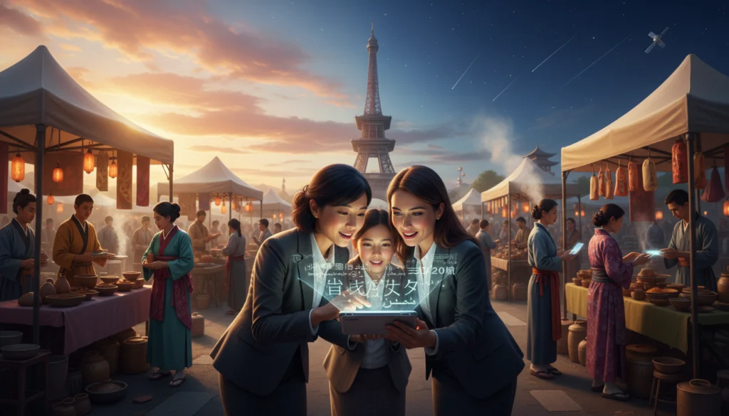 ravelers using AI real-time language translation at a cultural food market near the Eiffel Tower