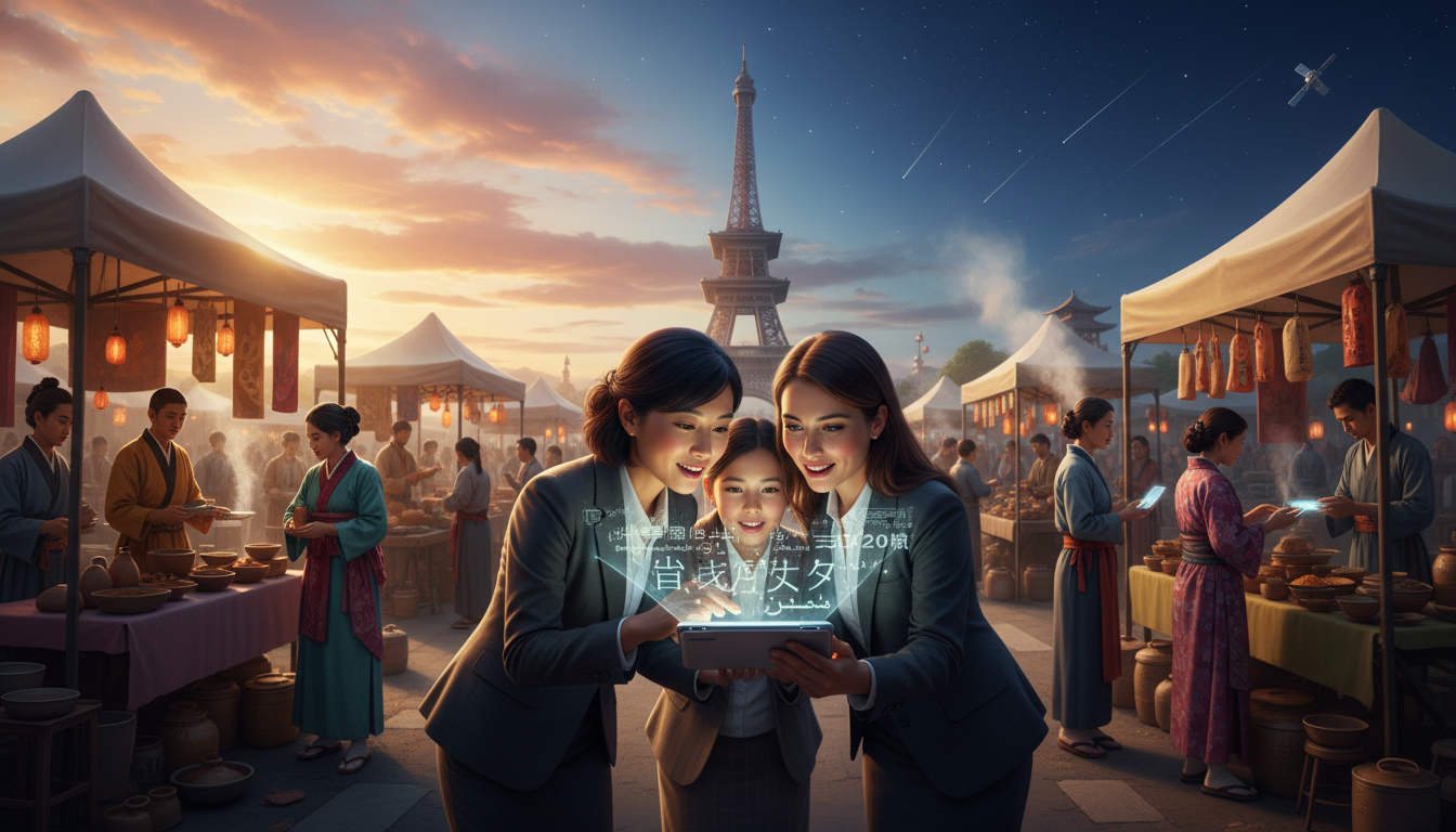 ravelers using AI real-time language translation at a cultural food market near the Eiffel Tower
