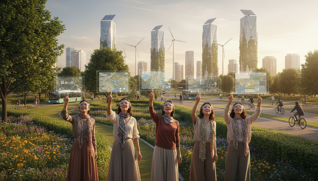 Women using AR glasses to explore a sustainable smart city with AI eco-travel tools in 2026