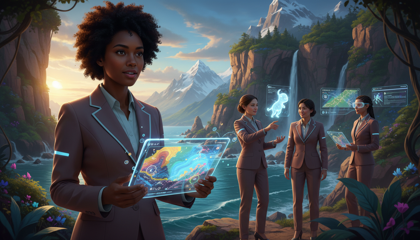 Diverse women travelers using AI-powered maps and holographic guides in a scenic nature destination