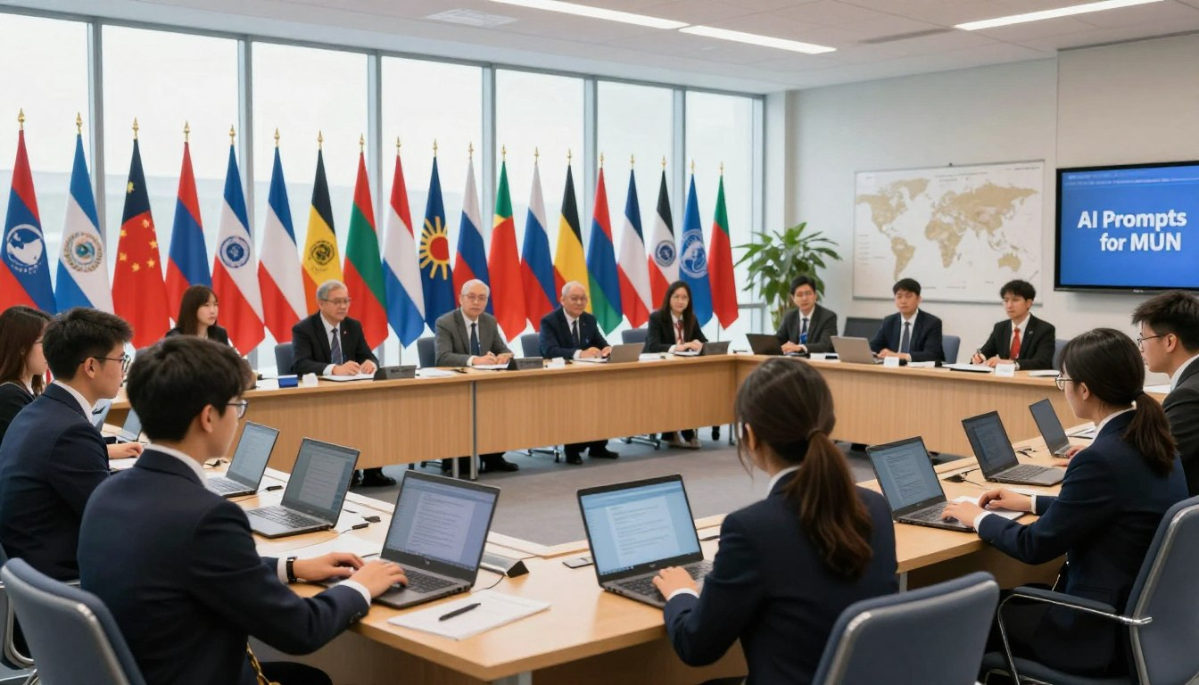 MUN preparation AI prompts delegates in conference room with national flags